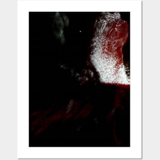 Portrait, digital collage, special processing. Vampire. Monster is looking on you, blood splatters. White and red, dim. Posters and Art